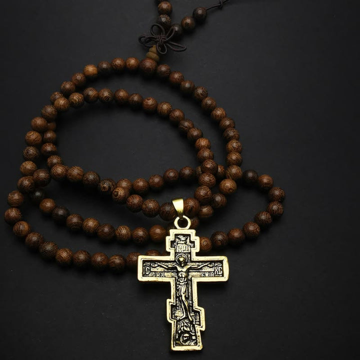 Collier chapelet avec pendentif en croix Olivenorma et perles en bois