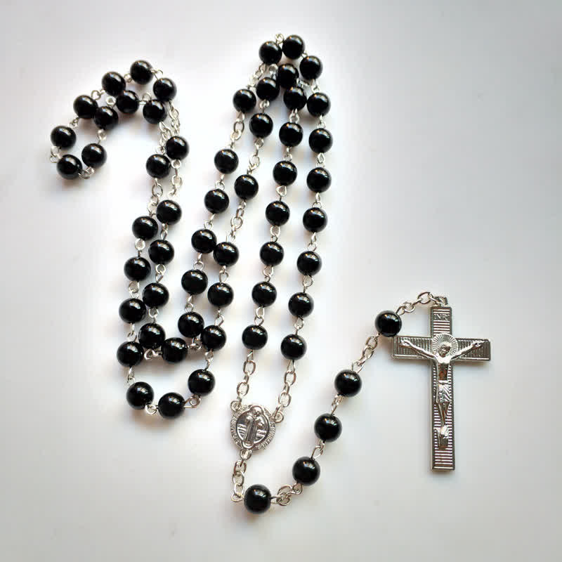 Collier chapelet en onyx noir avec croix gothique Olivenorma