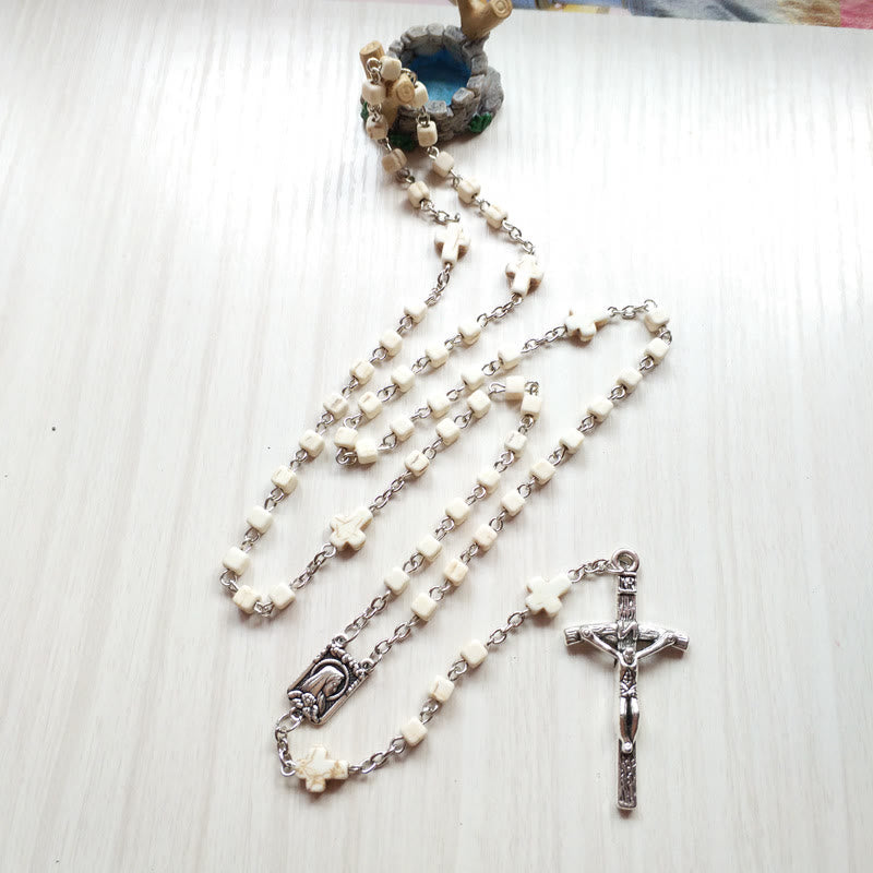Collier chapelet en perles cubiques blanches et turquoises Olivenorma 