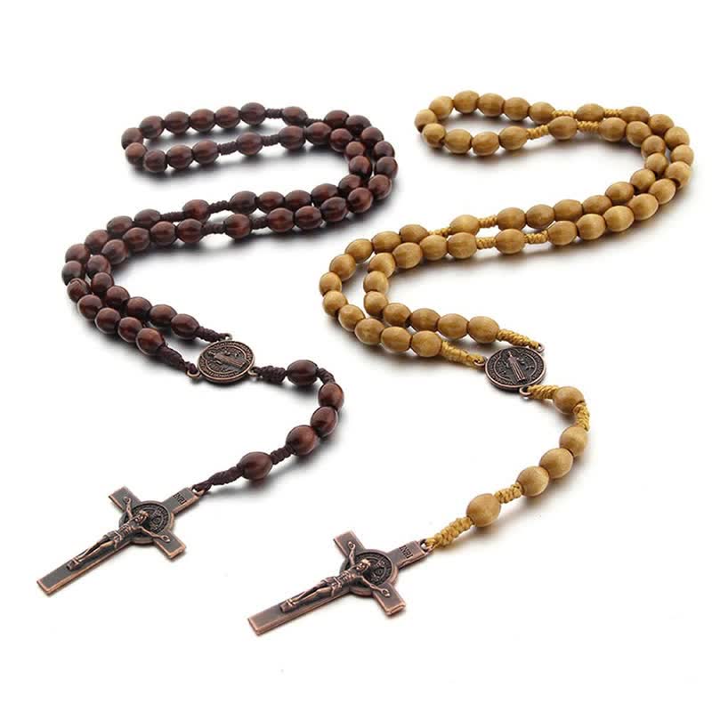Collier chapelet en bois avec croix vintage tricotée Olivenorma