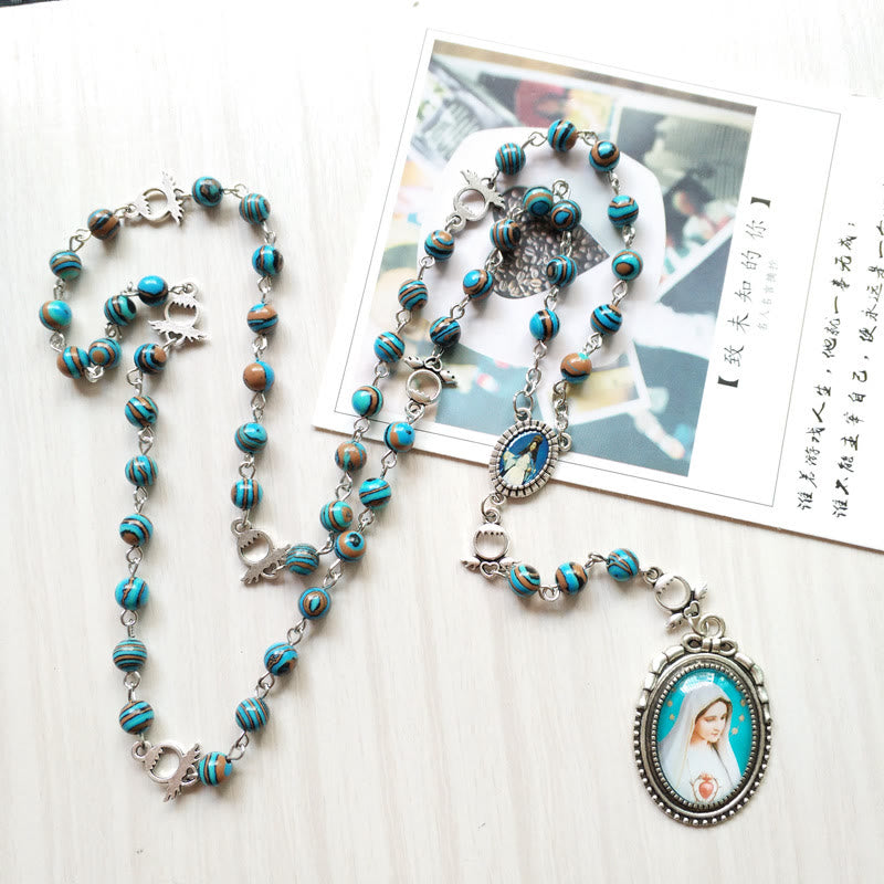 Collier chapelet avec pendentif médaille sacrée de la Vierge en azurite et malachite Olivenorma 