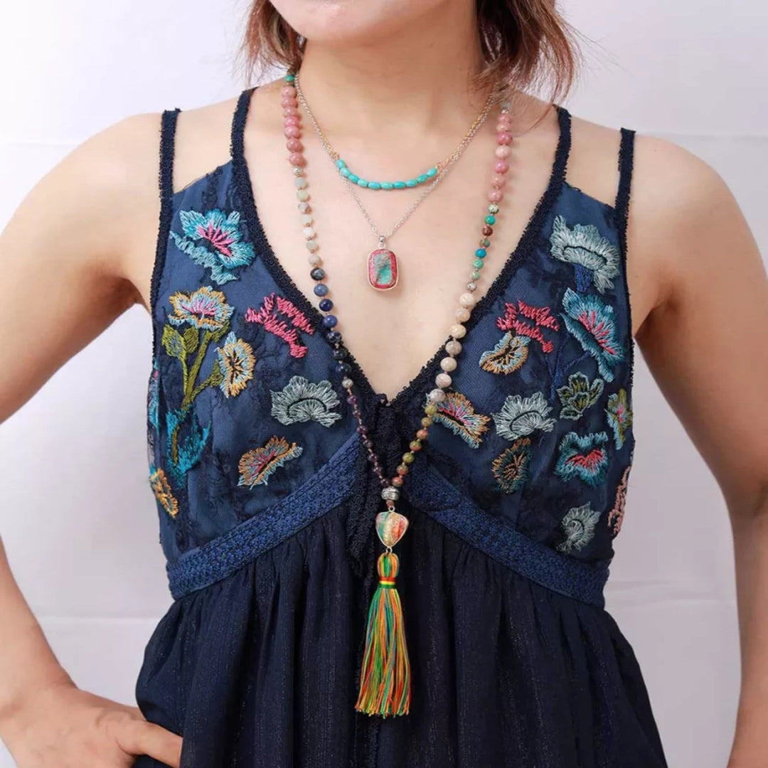 Collier Mala avec pendentif en forme de triangle chakra en pierres naturelles magnifiques Olivenorma