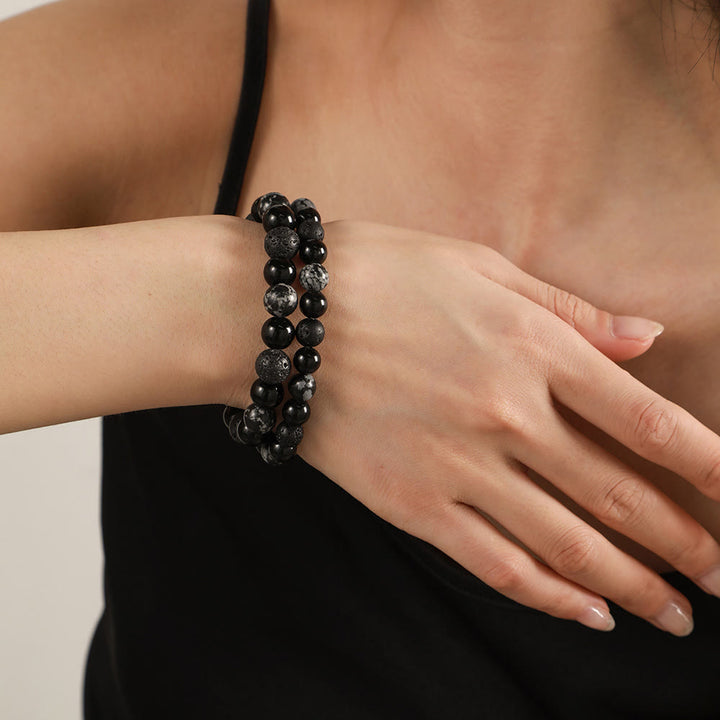 Bracelet pour homme en perles de pierre de lave, obsidienne flocon de neige et onyx noir Olivenorma