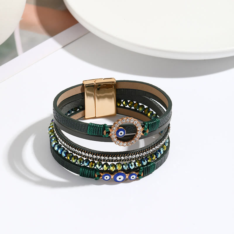 Bracelet large en cuir et métal avec zircon blanc et mauvais œil Olivenorma