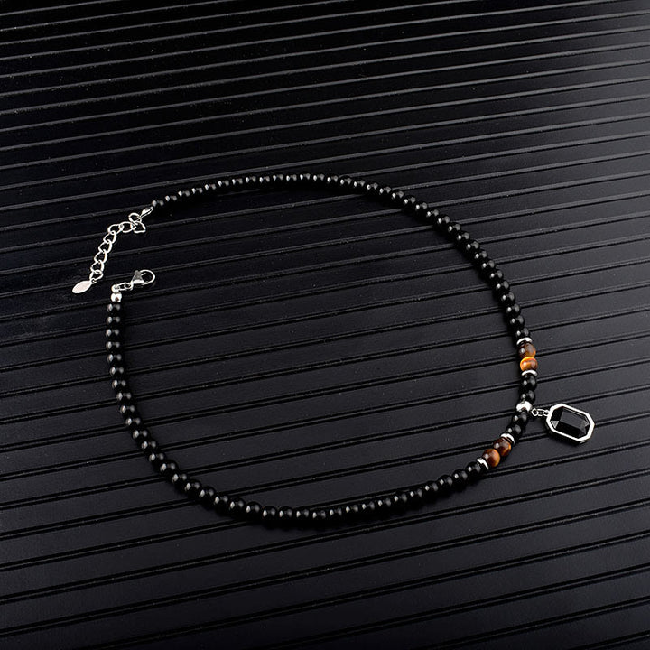 Collier en acier titane et perles d'obsidienne œil de tigre Olivenorma pour homme 