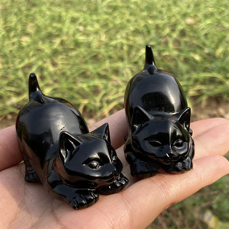 Décoration en pierre précieuse sculptée en forme de chat en obsidienne naturelle Olivenorma 