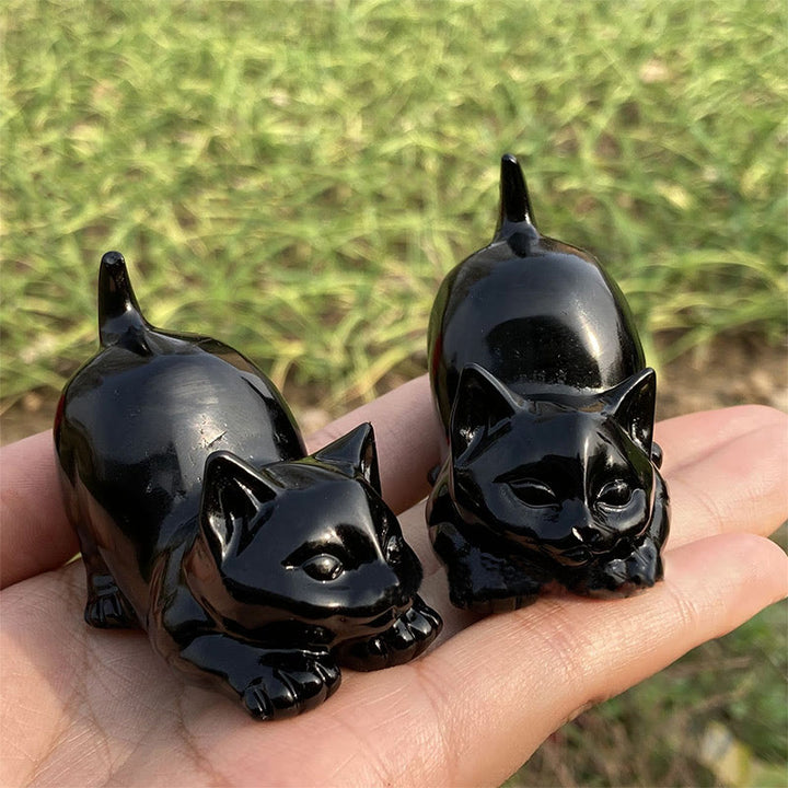 Décoration en pierre précieuse sculptée en forme de chat en obsidienne naturelle Olivenorma 