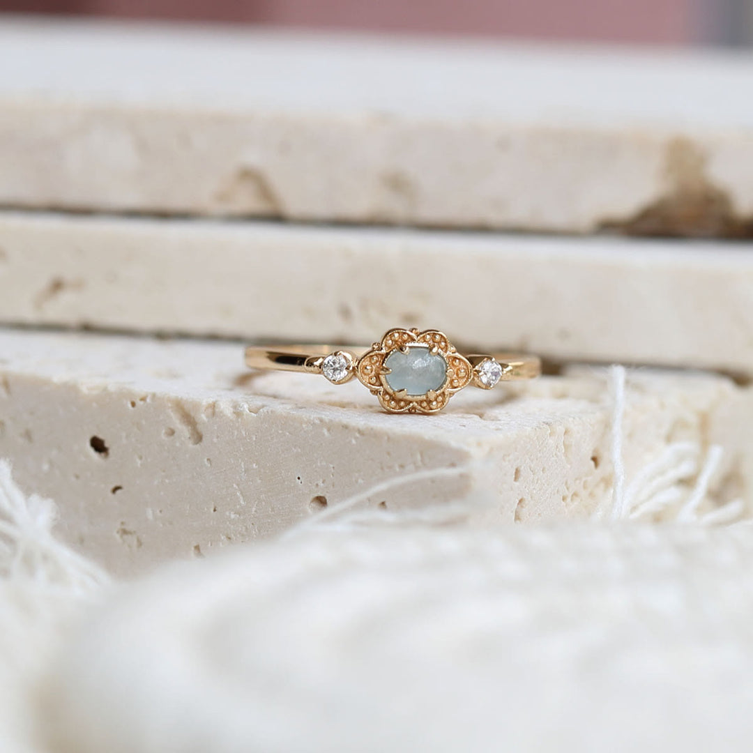 Bague vintage Olivenorma en aigue-marine naturelle et marguerites 