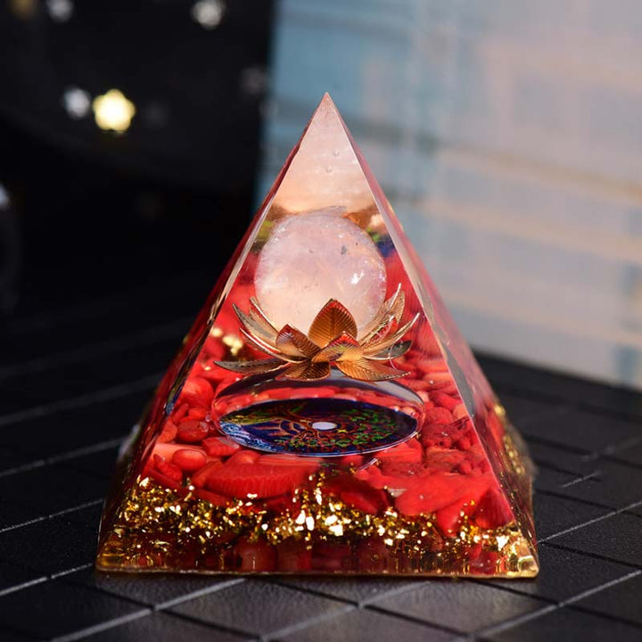 Pyramide d'orgone en quartz rose corail rouge Olivenorma