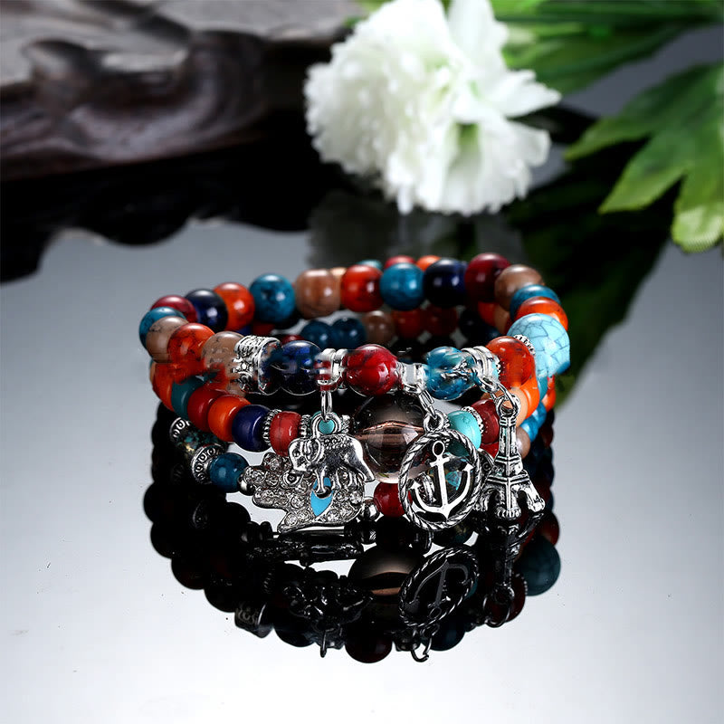Ensemble de bracelets Hamsa contre le mauvais œil avec la tour de l'éléphant Olivenorma