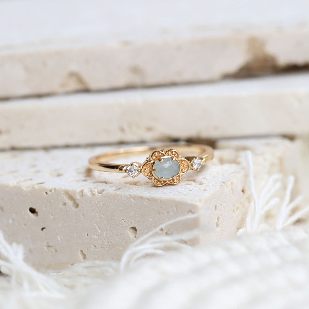 Bague vintage Olivenorma en aigue-marine naturelle et marguerites 