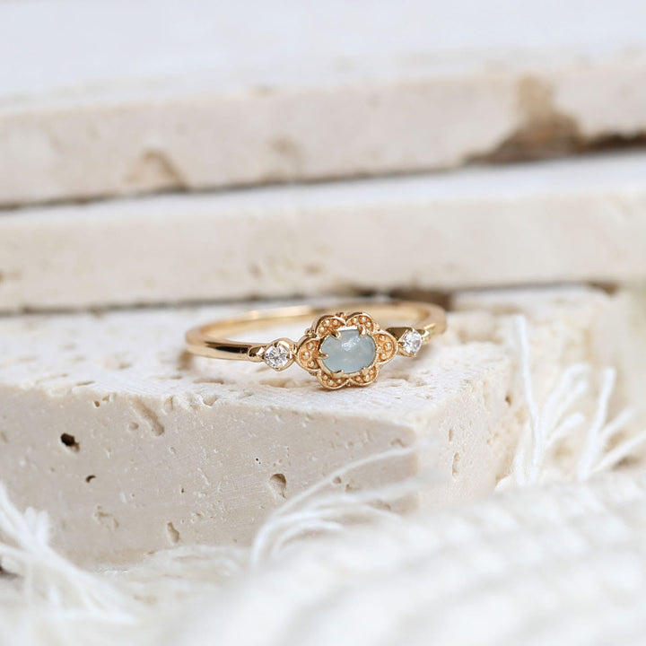 Bague vintage Olivenorma en aigue-marine naturelle et marguerites 