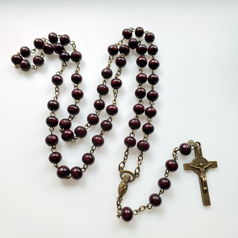 Collier avec pendentif en forme de croix en cuivre et chapelet en bois Olivenorma 