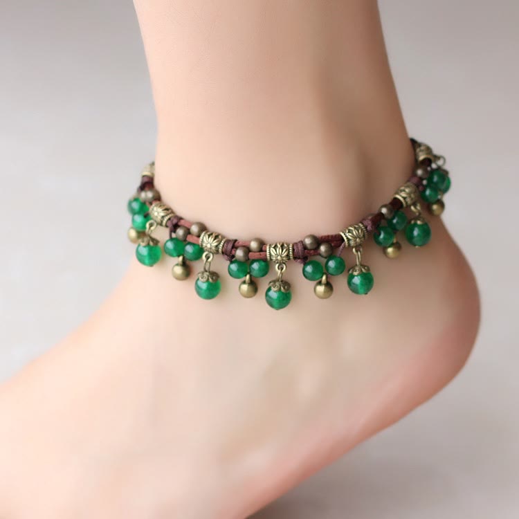 Bracelet de cheville tissé en perles d'agate rouge et de jade vert Olivenorma