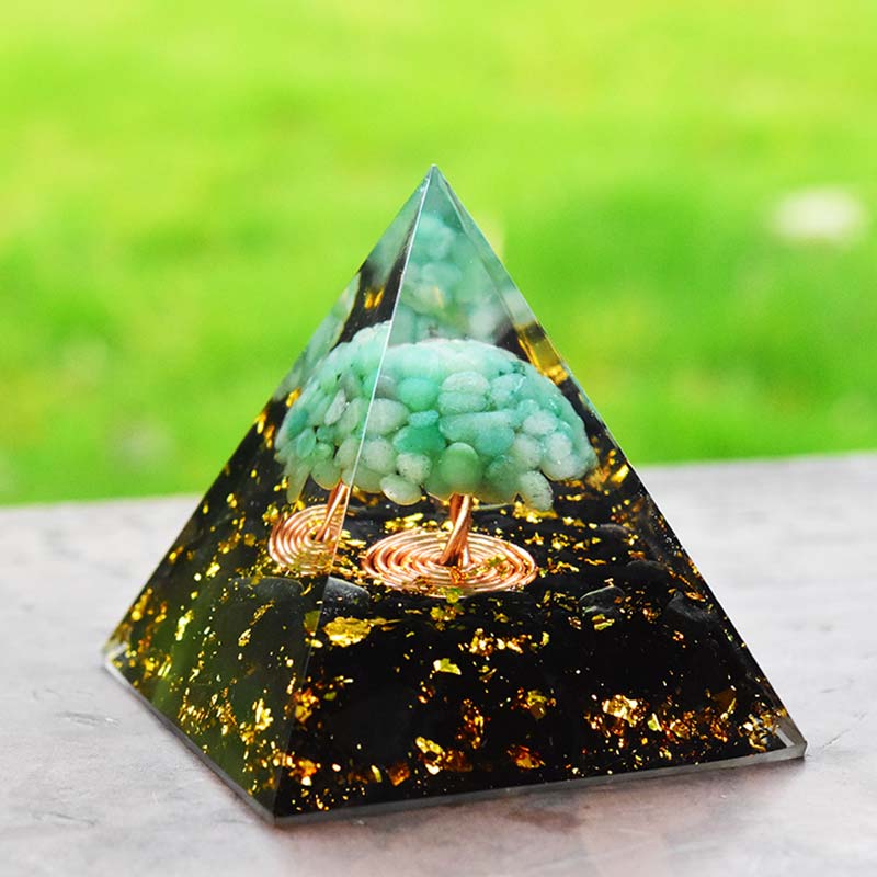 Pyramide d'orgone d'arbre de vie en obsidienne aventurine verte Olivenorma