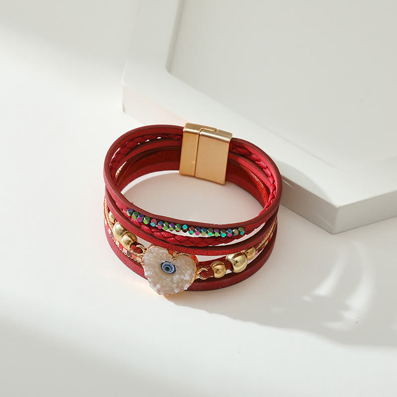Bracelet Olivenorma « Triple Protection » en forme de cœur avec perles dorées en cristal et mauvais œil