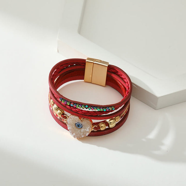 Bracelet Olivenorma « Triple Protection » en forme de cœur avec perles dorées en cristal et mauvais œil
