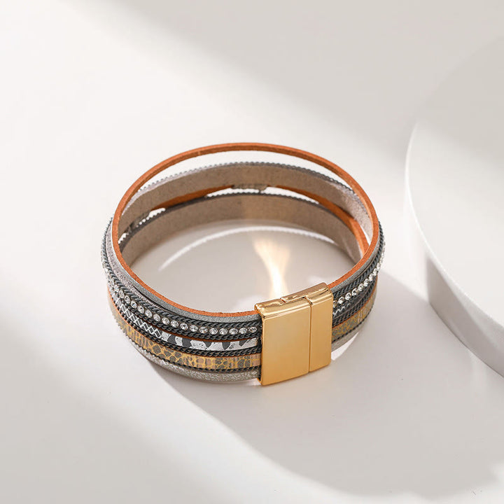 Bracelet Olivenorma en similicuir motif léopard avec zircon et mauvais œil