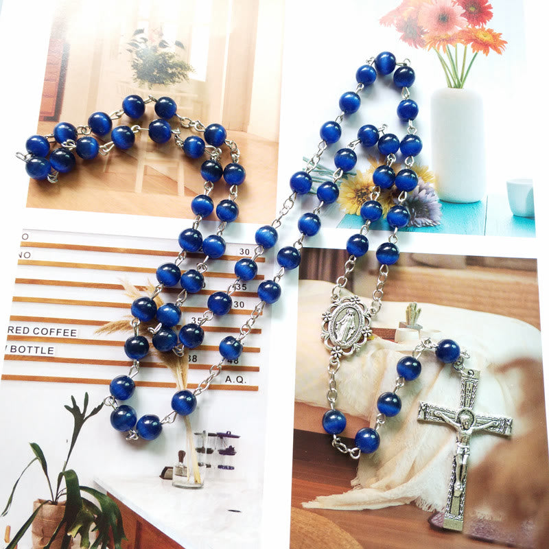 Collier chapelet croix en pierre œil de chat bleu Olivenorma de 8 mm 