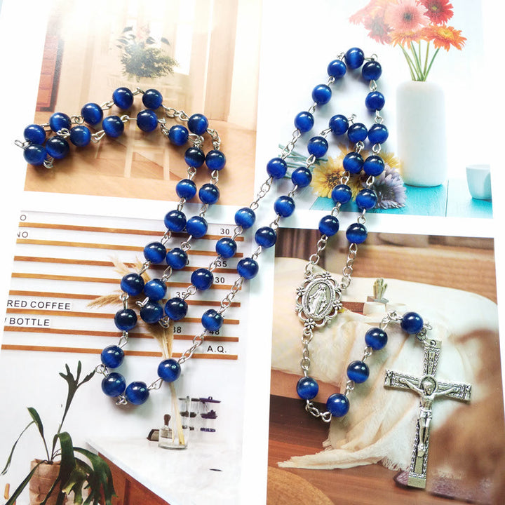 Collier chapelet croix en pierre œil de chat bleu Olivenorma de 8 mm 