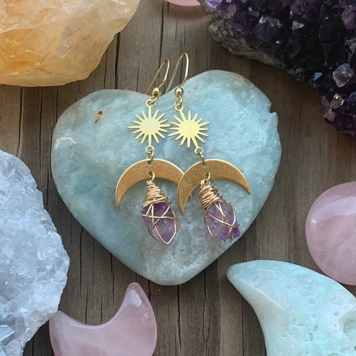 Collier avec boucles d'oreilles sorcière en améthyste et soleil levant