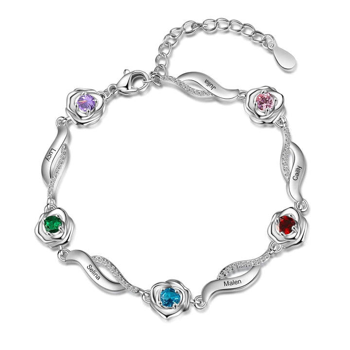 Bracelet à breloques avec pierre de naissance et fleur de rose gravée Olivenorma 