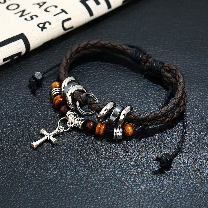 Bracelet en cuir tressé multicouche ajustable Olivenorma