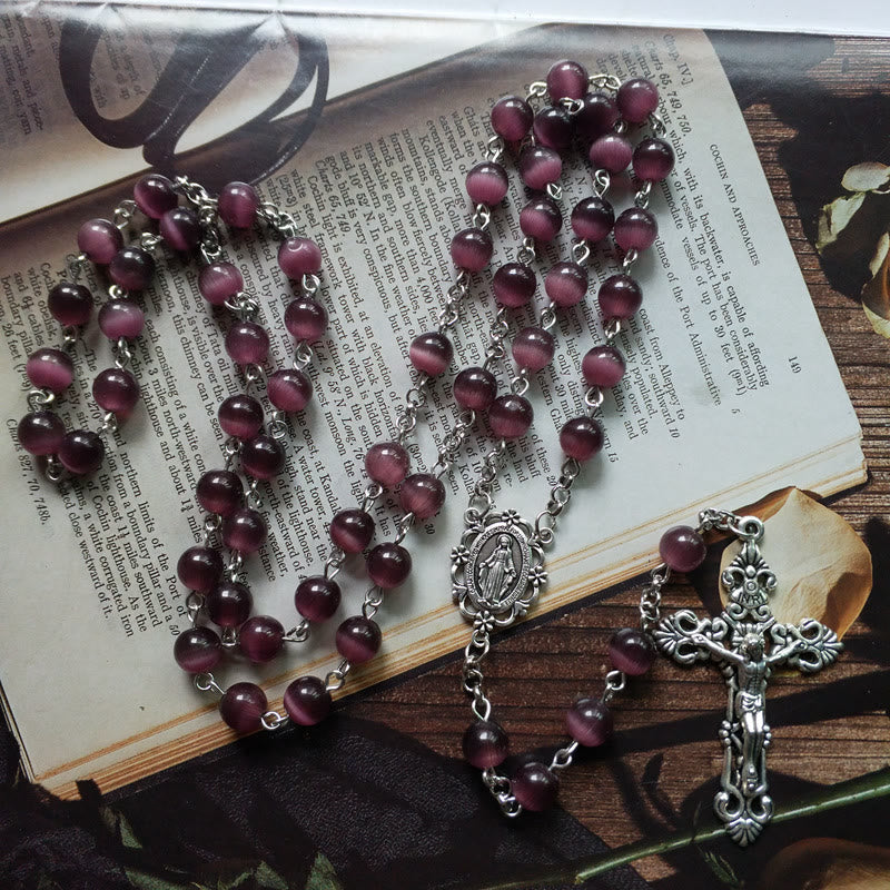 Collier chapelet croix en pierre œil de chat violet Olivenorma - image 1