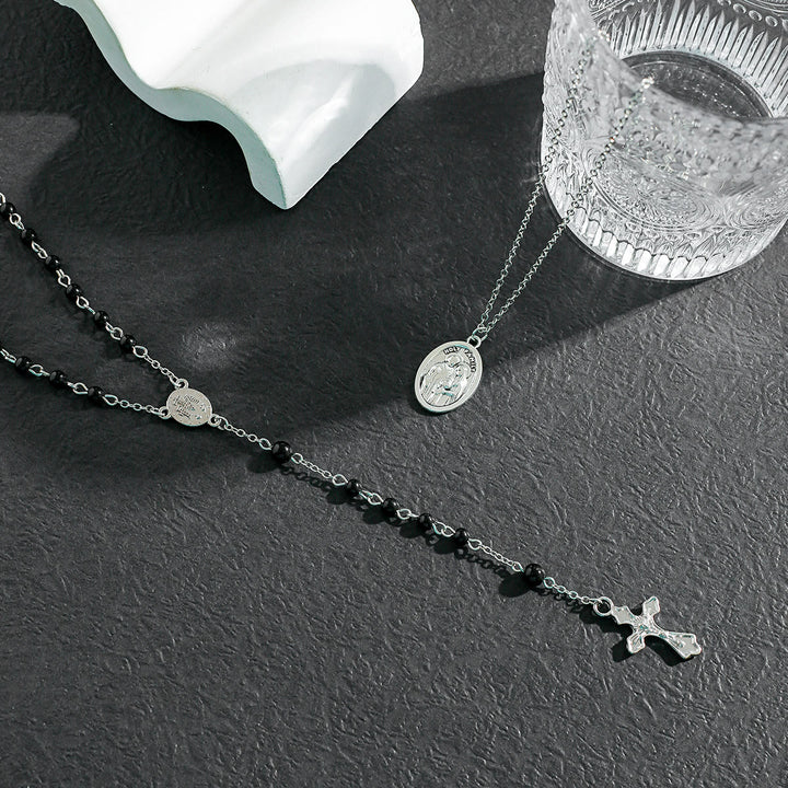 Collier chapelet avec pendentif croix en perles d'obsidienne Olivenorma 