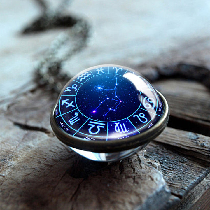 Collier Globe en verre double face Olivenorma avec 12 étoiles du zodiaque