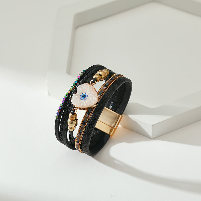 Bracelet Olivenorma « Triple Protection » en forme de cœur avec perles dorées en cristal et mauvais œil