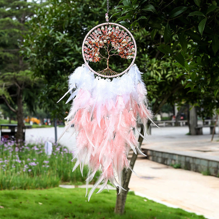 Attrape-rêves en cristal Olivenorma Arbre de vie avec plumes roses - Quartz rose et agate rouge - image 0