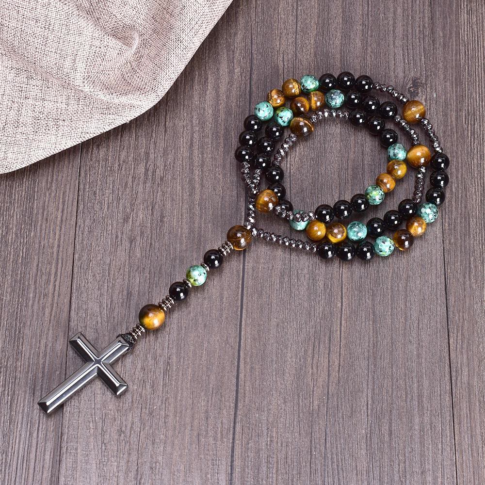 Collier pendentif chapelet catholique en pierre naturelle avec croix Olivenorma - Oeil de tigre et turquoise africaine - image 0