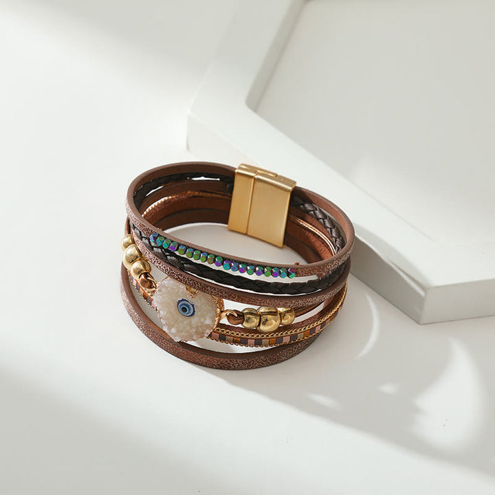 Bracelet Olivenorma « Triple Protection » en forme de cœur avec perles dorées en cristal et mauvais œil