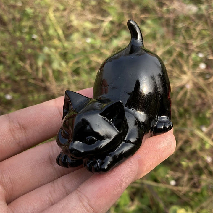 Décoration en pierre précieuse sculptée en forme de chat en obsidienne naturelle Olivenorma 