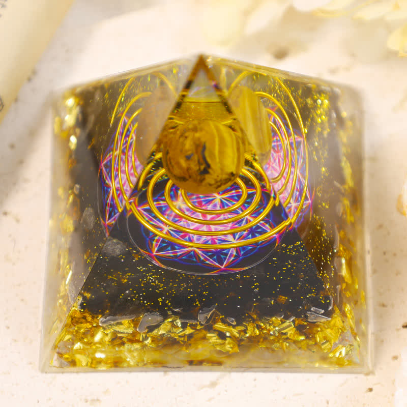 Sphère d'Oeil de Tigre Olivenorma Cube de Métatron Pyramide d'Orgone 
