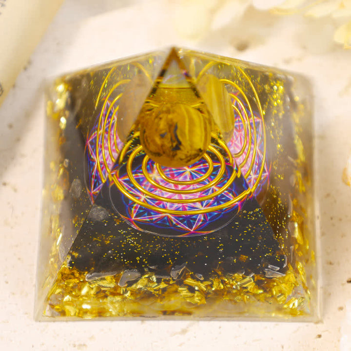 Sphère d'Oeil de Tigre Olivenorma Cube de Métatron Pyramide d'Orgone 