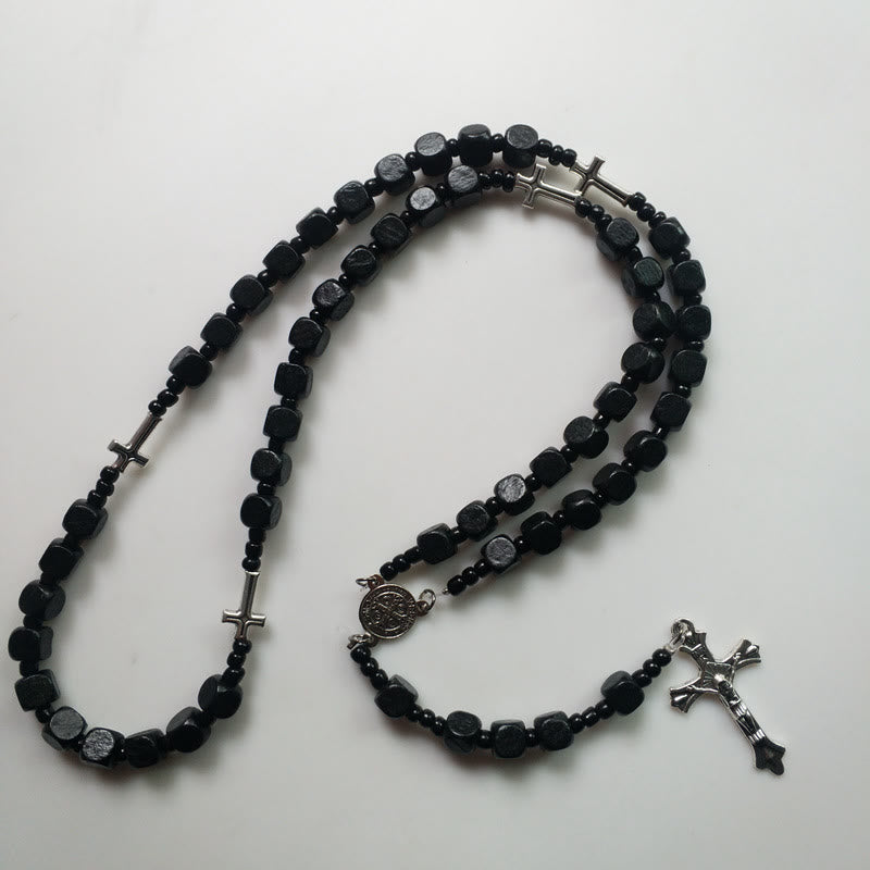 Collier chapelet carré noir en bois avec croix Olivenorma 