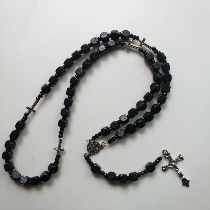 Collier chapelet carré noir en bois avec croix Olivenorma 