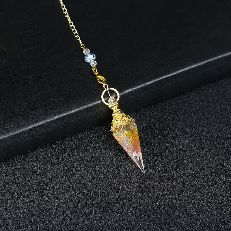 Pendule pyramidal hexagonal en résine cristalline naturelle Olivenorma - Quartz fraise et feuille d'or - image 49