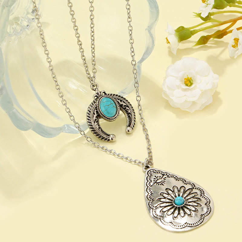 Collier pendentif double couche sculpté en forme de goutte turquoise Olivenorma