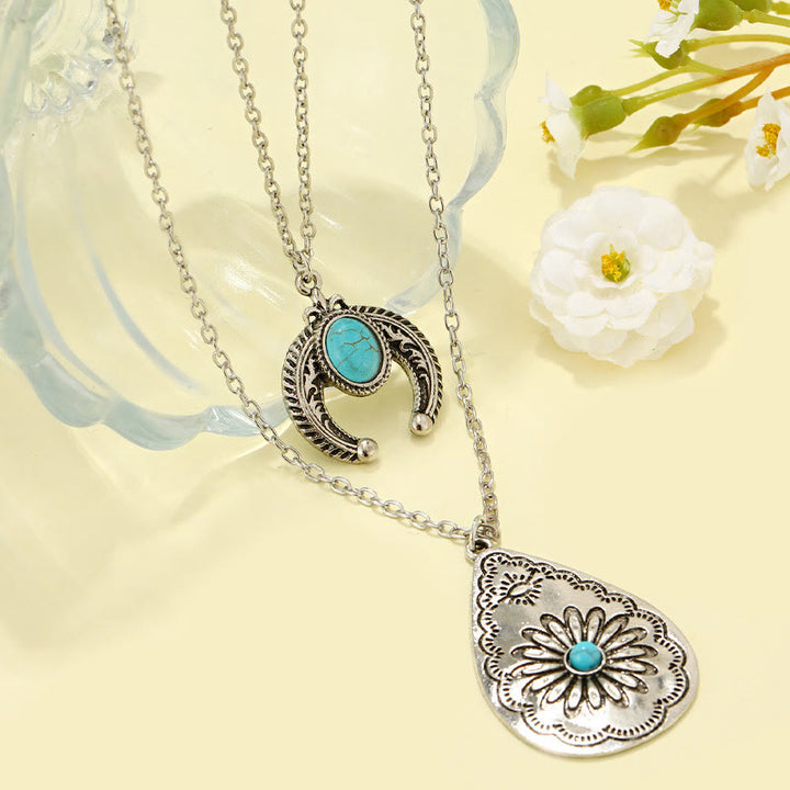 Collier pendentif double couche sculpté en forme de goutte turquoise Olivenorma