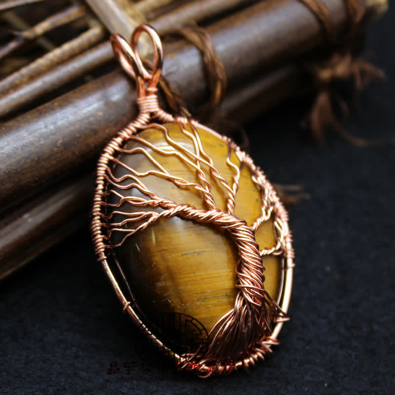 Collier ovale en pierre précieuse arbre de vie œil de tigre Olivenorma 