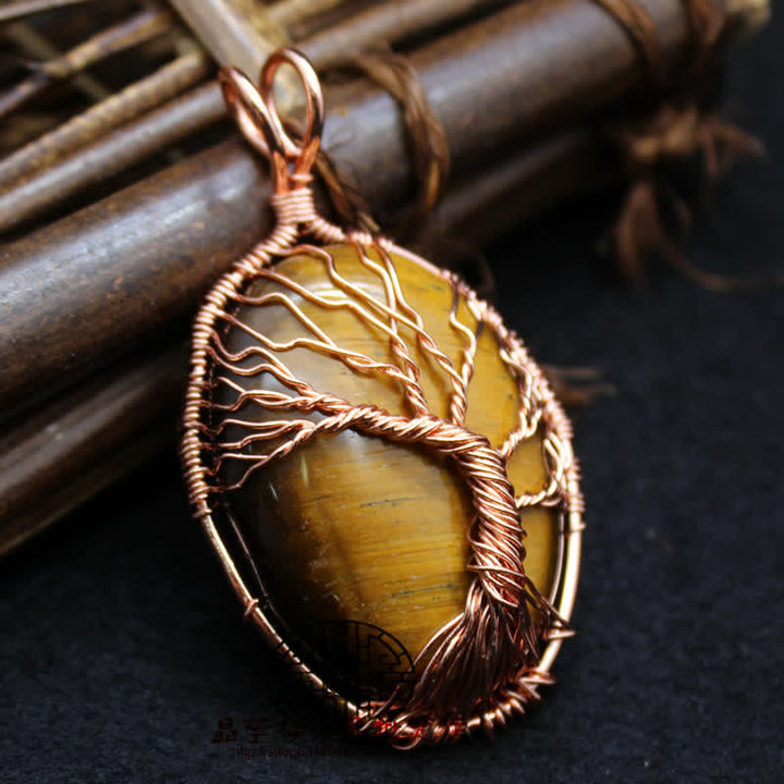 Collier ovale en pierre précieuse arbre de vie œil de tigre Olivenorma 
