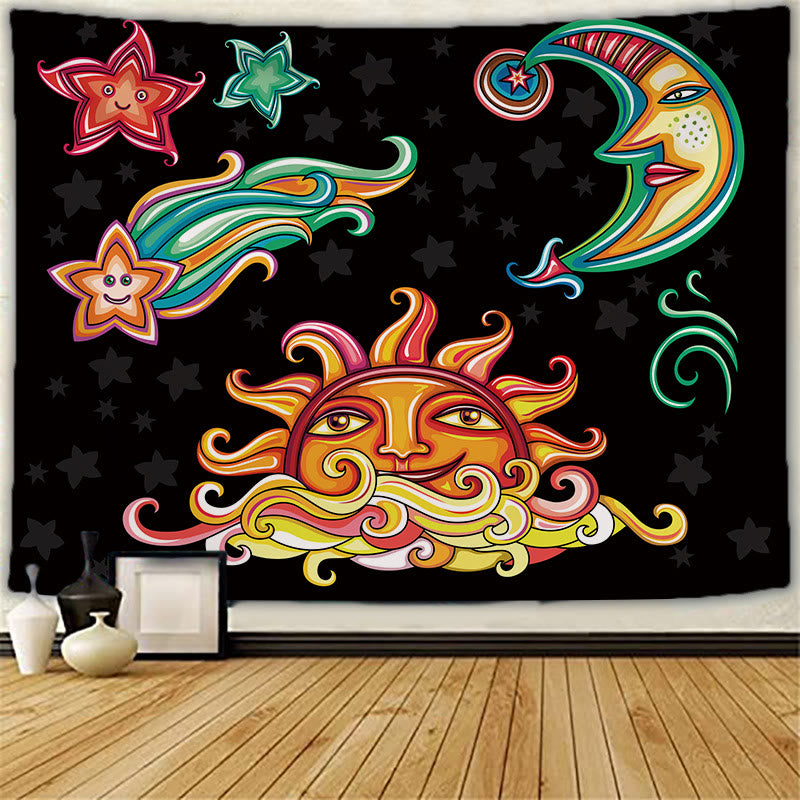 Tapisserie murale de méditation avec tatouage de chat et soleil et lune Olivenorma