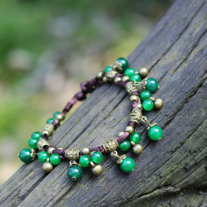 Bracelet de cheville tissé en perles d'agate rouge et de jade vert Olivenorma