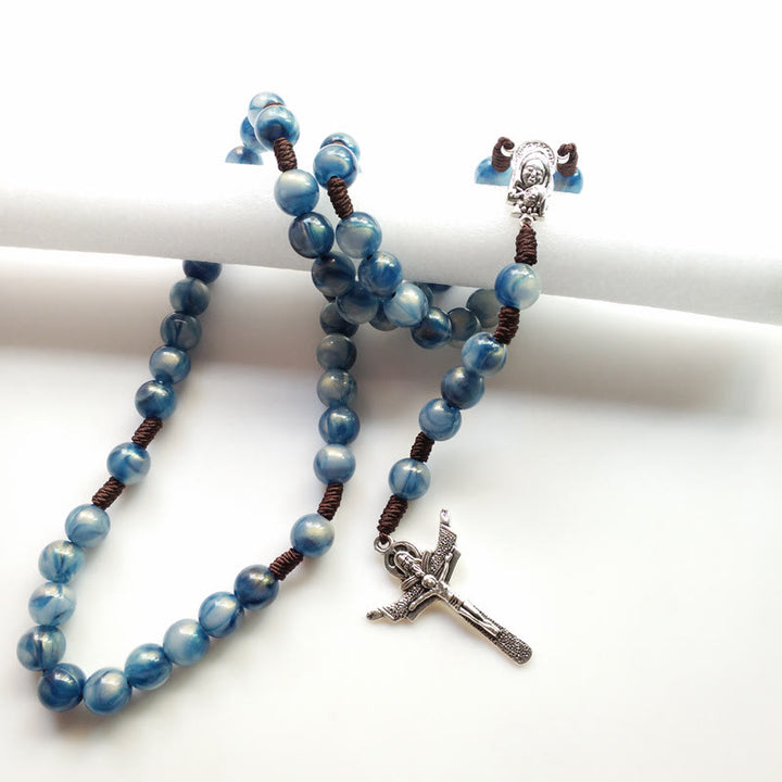 Collier chapelet avec croix de Jésus en pierre œil de chat bleu Olivenorma 