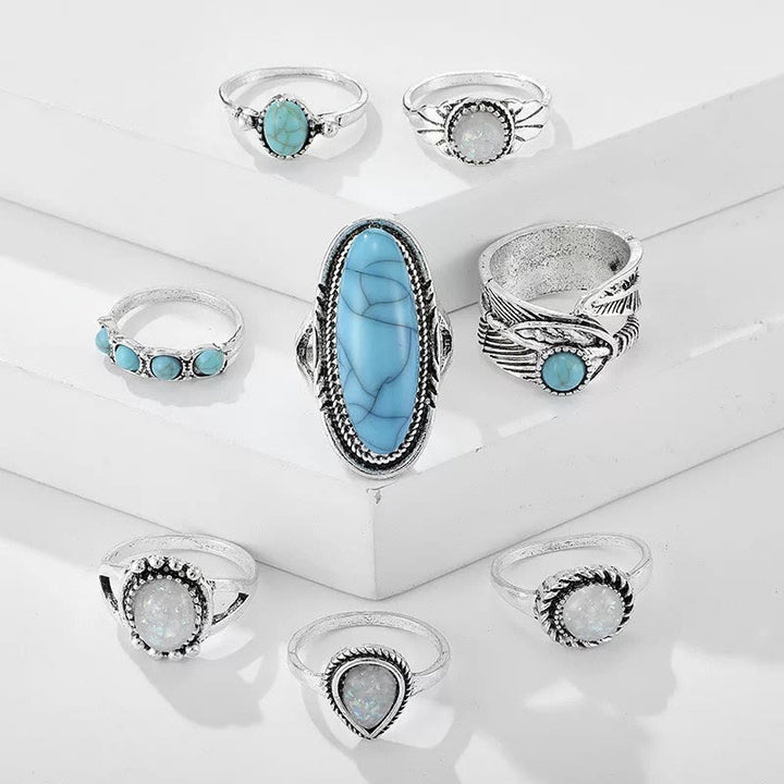 Ensemble de 8 bagues en feuille d'éléphant turquoise et opale Olivenorma 