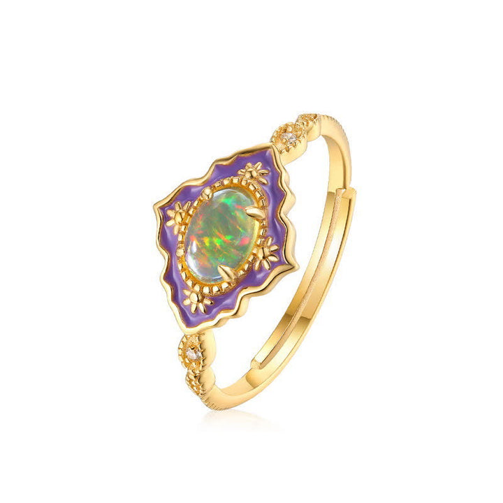 Bague en or ajustable ouverte vintage en émail opale Olivenorma
