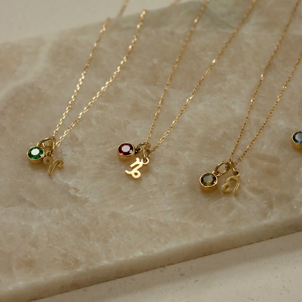 Collier en acier inoxydable avec pierre de naissance et runes du zodiaque Olivenorma